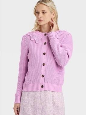 Who What Wear Lilac Pointelle Collar Cardigan Sweater